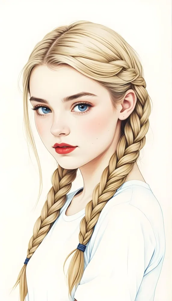 A Caucasian Girl 17 Years Old With Blue Braided Hair Red Eyes And Red Lips Wearing A Blue T Shirt In A Red Background 59 22e8