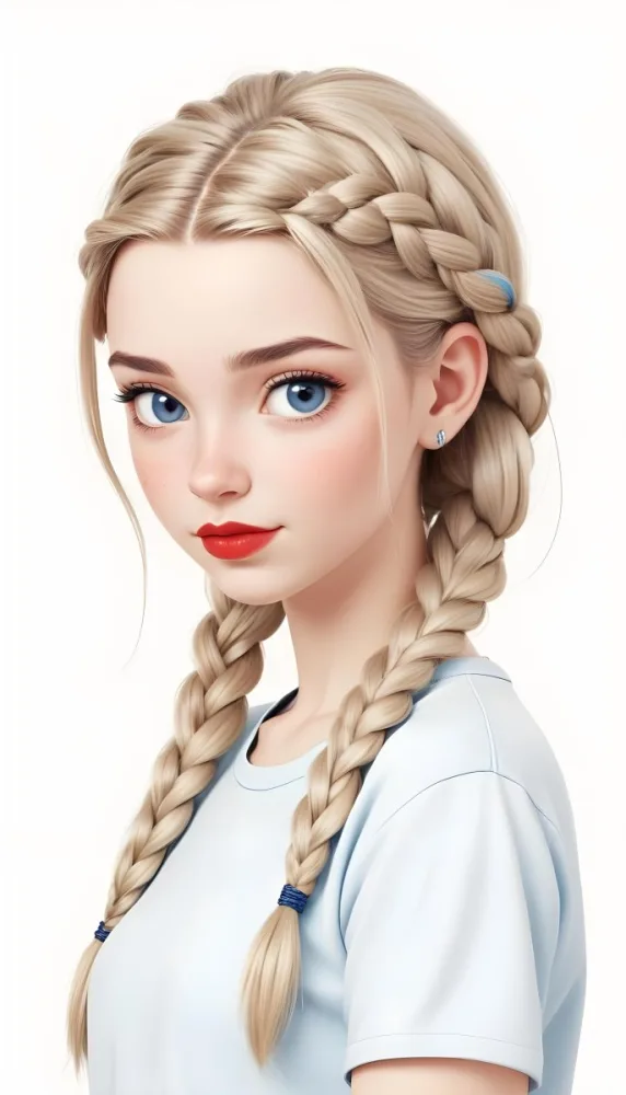 A Caucasian Girl 17 Years Old With Blue Braided Hair Red Eyes And Red Lips Wearing A Blue T Shirt In A Red Background 6 324f