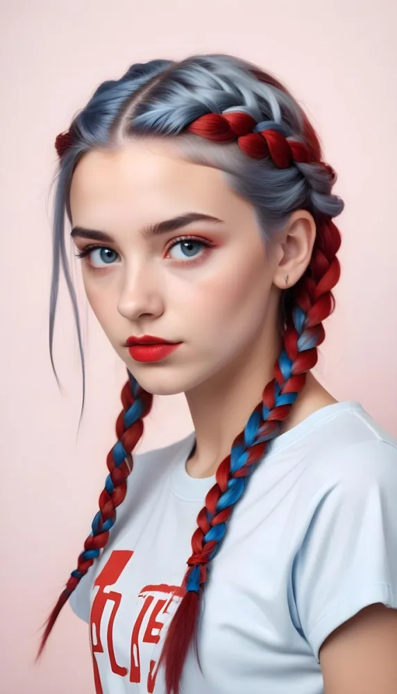 A Caucasian Girl 17 Years Old With Blue Braided Hair Red Eyes And Red Lips Wearing A Blue T Shirt In A Red Background 61 Ee60
