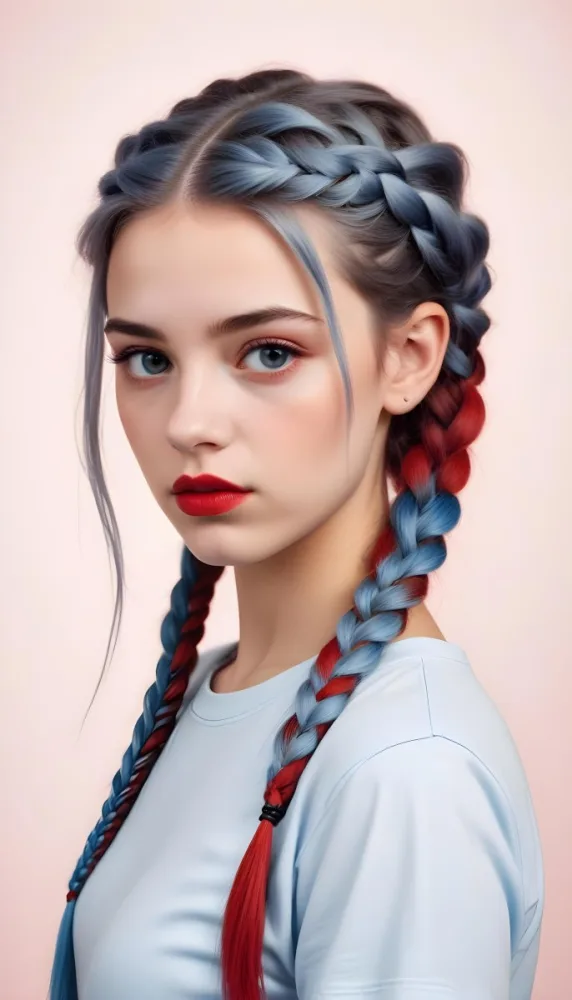 A Caucasian Girl 17 Years Old With Blue Braided Hair Red Eyes And Red Lips Wearing A Blue T Shirt In A Red Background 67 E4fb