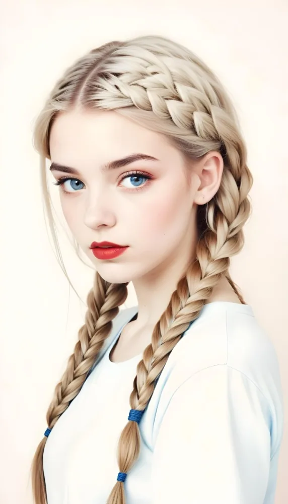 A Caucasian Girl 17 Years Old With Blue Braided Hair Red Eyes And Red Lips Wearing A Blue T Shirt In A Red Background 70 D209
