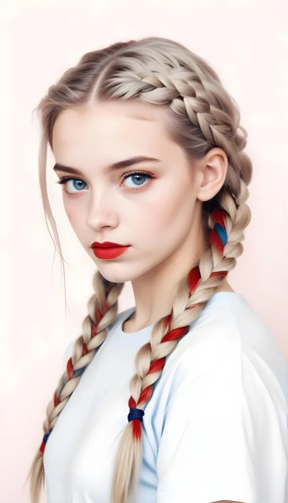 A Caucasian Girl 17 Years Old With Blue Braided Hair Red Eyes And Red Lips Wearing A Blue T Shirt In A Red Background 71 64ca