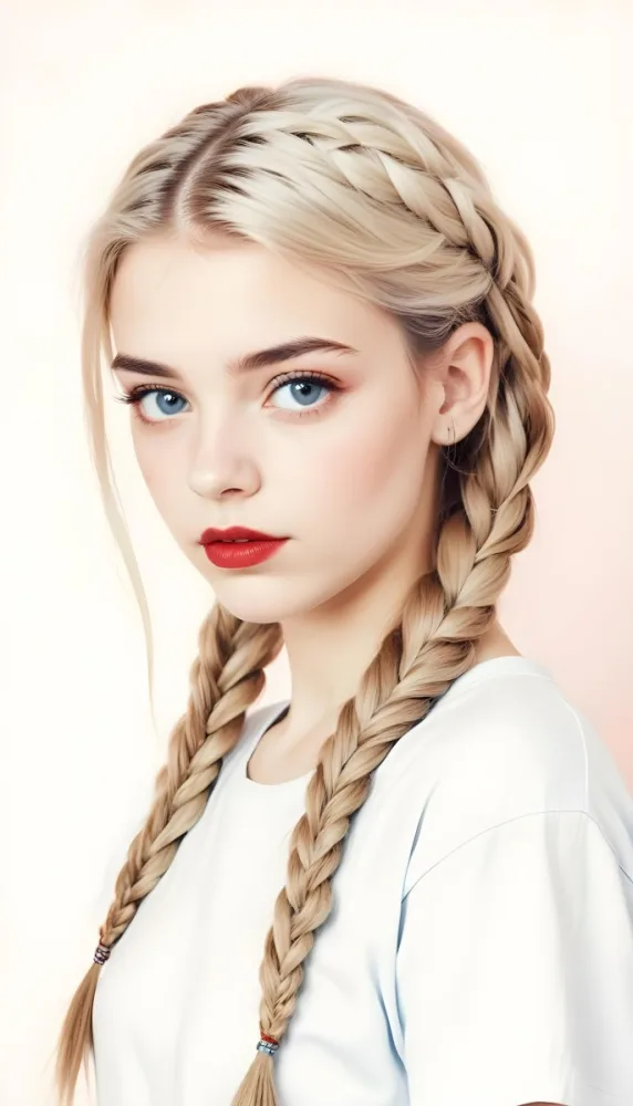 A Caucasian Girl 17 Years Old With Blue Braided Hair Red Eyes And Red Lips Wearing A Blue T Shirt In A Red Background 72 915b