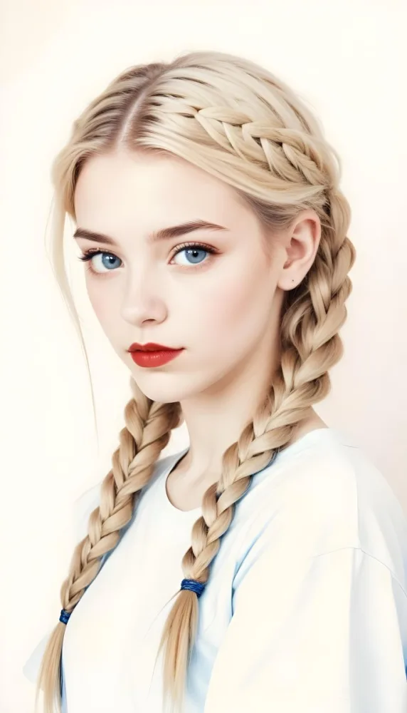 A Caucasian Girl 17 Years Old With Blue Braided Hair Red Eyes And Red Lips Wearing A Blue T Shirt In A Red Background 75 Db7d