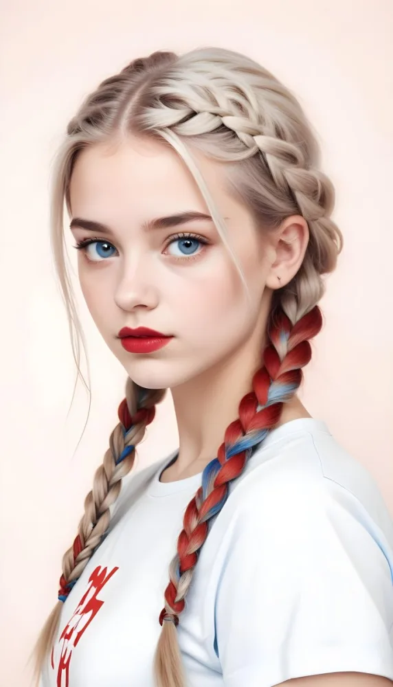 A Caucasian Girl 17 Years Old With Blue Braided Hair Red Eyes And Red Lips Wearing A Blue T Shirt In A Red Background 78 7edb