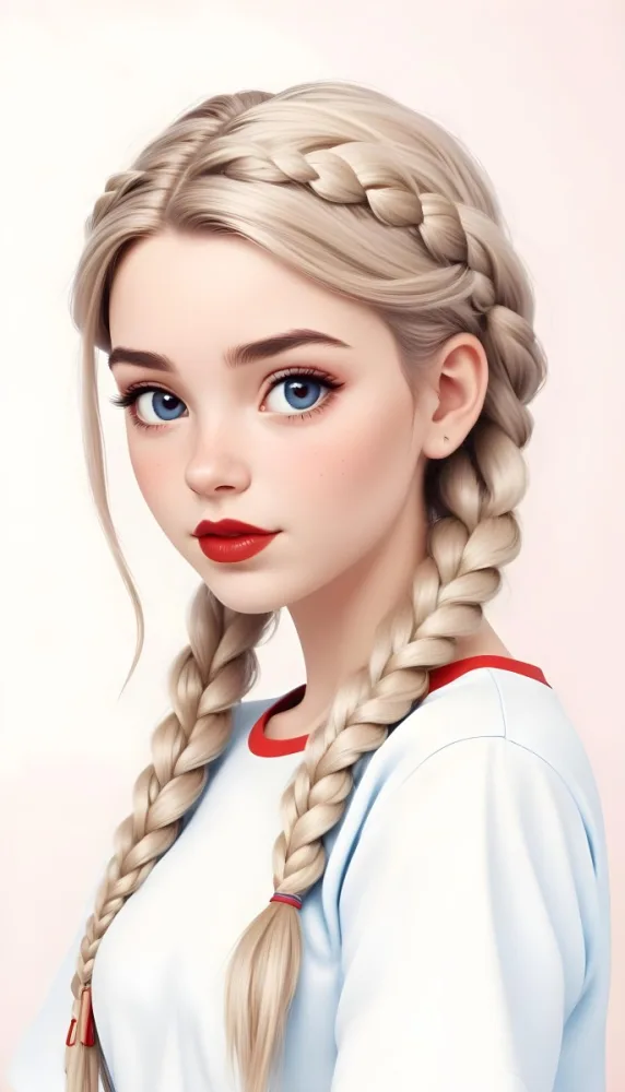A Caucasian Girl 17 Years Old With Blue Braided Hair Red Eyes And Red Lips Wearing A Blue T Shirt In A Red Background 8 6d8c