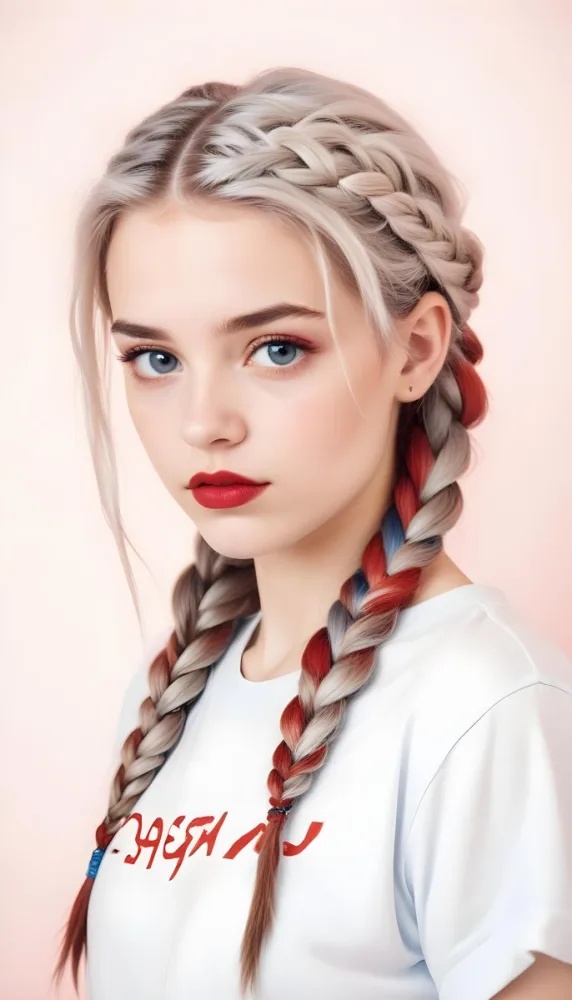 A Caucasian Girl 17 Years Old With Blue Braided Hair Red Eyes And Red Lips Wearing A Blue T Shirt In A Red Background 81 960f