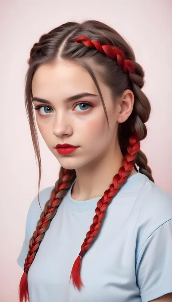 A Caucasian Girl 17 Years Old With Blue Braided Hair Red Eyes And Red Lips Wearing A Blue T Shirt In A Red Background 86 9518