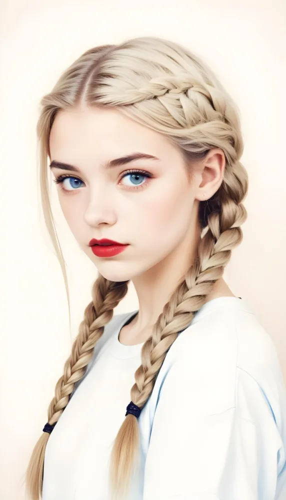 A Caucasian Girl 17 Years Old With Blue Braided Hair Red Eyes And Red Lips Wearing A Blue T Shirt In A Red Background 87 Fca5