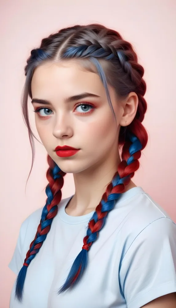 A Caucasian Girl 17 Years Old With Blue Braided Hair Red Eyes And Red Lips Wearing A Blue T Shirt In A Red Background 94 96b1