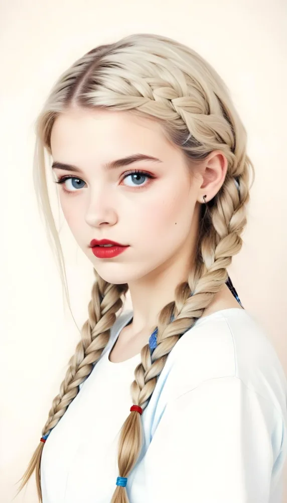 A Caucasian Girl 17 Years Old With Blue Braided Hair Red Eyes And Red Lips Wearing A Blue T Shirt In A Red Background 95 5791