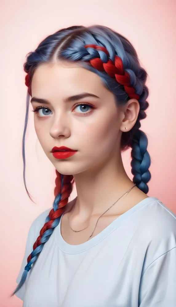 A Caucasian Girl 17 Years Old With Blue Braided Hair Red Eyes And Red Lips Wearing A Blue T Shirt In A Red Background 98 Bdbc
