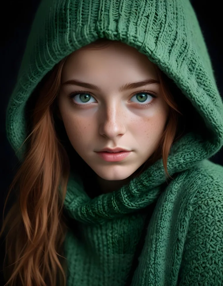 A Caucasian Girl 19 Years Old Green Eyes Freckles Wearing A Green Knitted Hood Dark Background 1 88f9