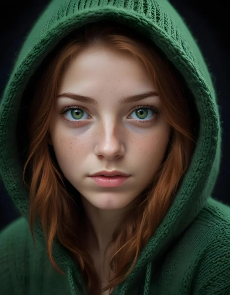 A Caucasian Girl 19 Years Old Green Eyes Freckles Wearing A Green Knitted Hood Dark Background 13 Ad94