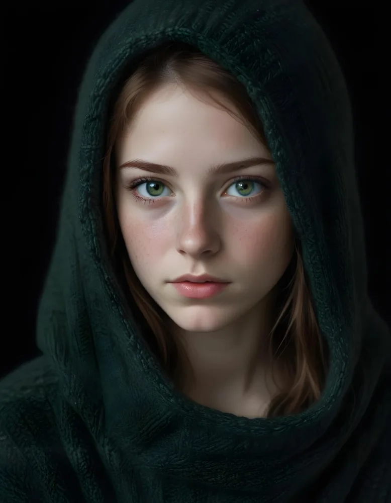 A Caucasian Girl 19 Years Old Green Eyes Freckles Wearing A Green Knitted Hood Dark Background 14 D616