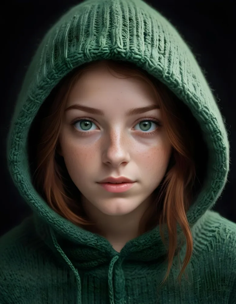 A Caucasian Girl 19 Years Old Green Eyes Freckles Wearing A Green Knitted Hood Dark Background 17 Ae37