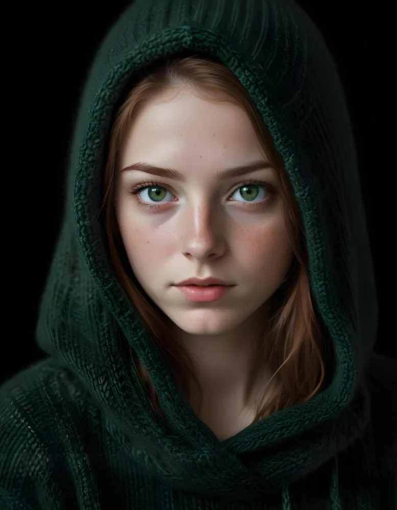 A Caucasian Girl 19 Years Old Green Eyes Freckles Wearing A Green Knitted Hood Dark Background 18 Adb7