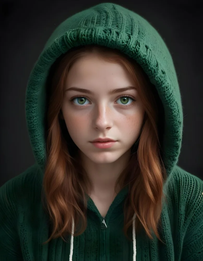 A Caucasian Girl 19 Years Old Green Eyes Freckles Wearing A Green Knitted Hood Dark Background 2 A3ff