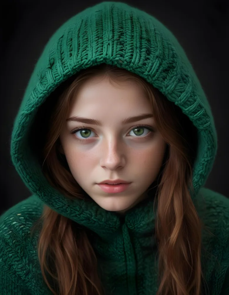 A Caucasian Girl 19 Years Old Green Eyes Freckles Wearing A Green Knitted Hood Dark Background 21 E606