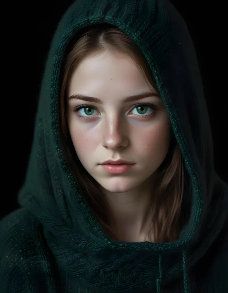 A Caucasian Girl 19 Years Old Green Eyes Freckles Wearing A Green Knitted Hood Dark Background 22 7590