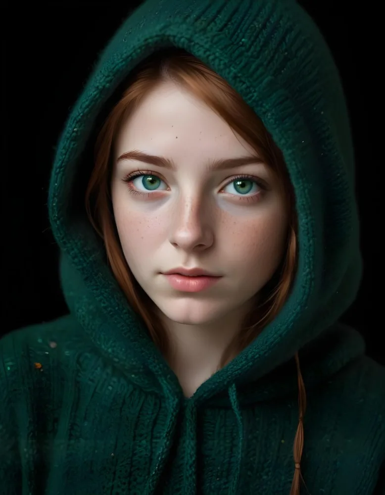 A Caucasian Girl 19 Years Old Green Eyes Freckles Wearing A Green Knitted Hood Dark Background 25 14af