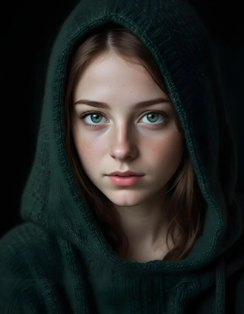 A Caucasian Girl 19 Years Old Green Eyes Freckles Wearing A Green Knitted Hood Dark Background 29 0bb1