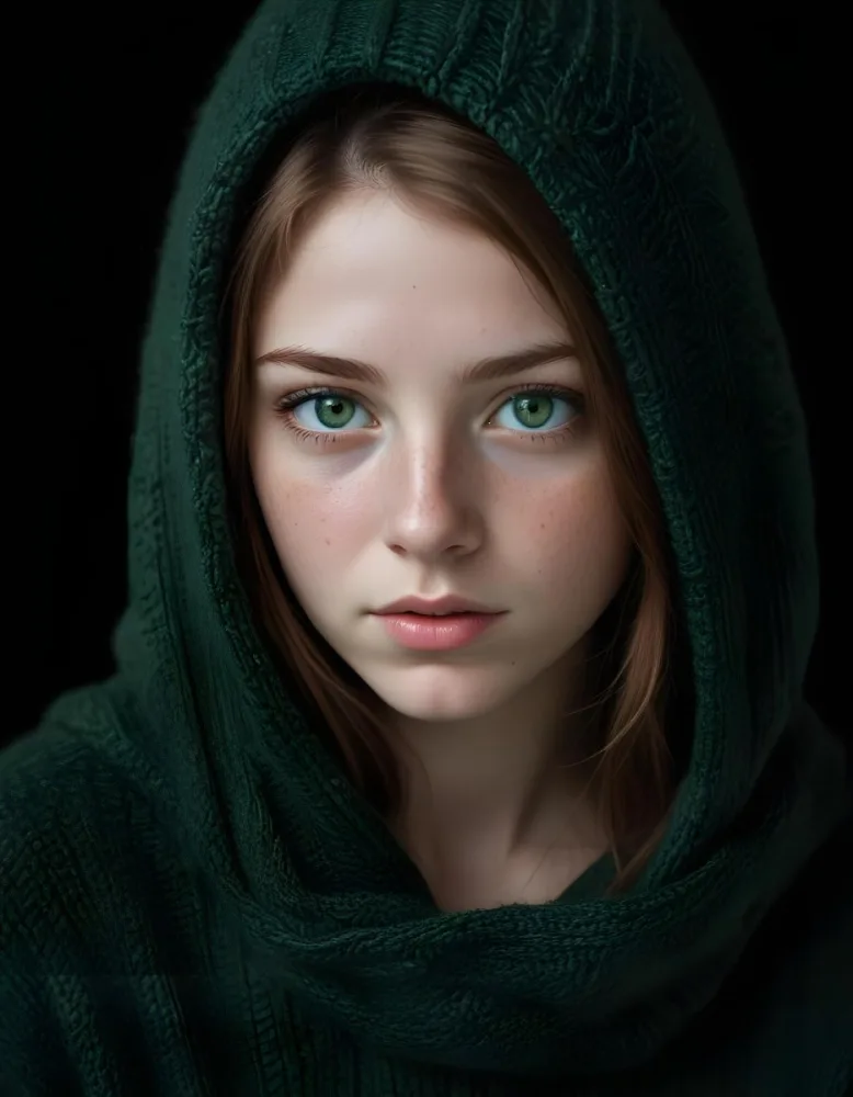 A Caucasian Girl 19 Years Old Green Eyes Freckles Wearing A Green Knitted Hood Dark Background 3 7e8d