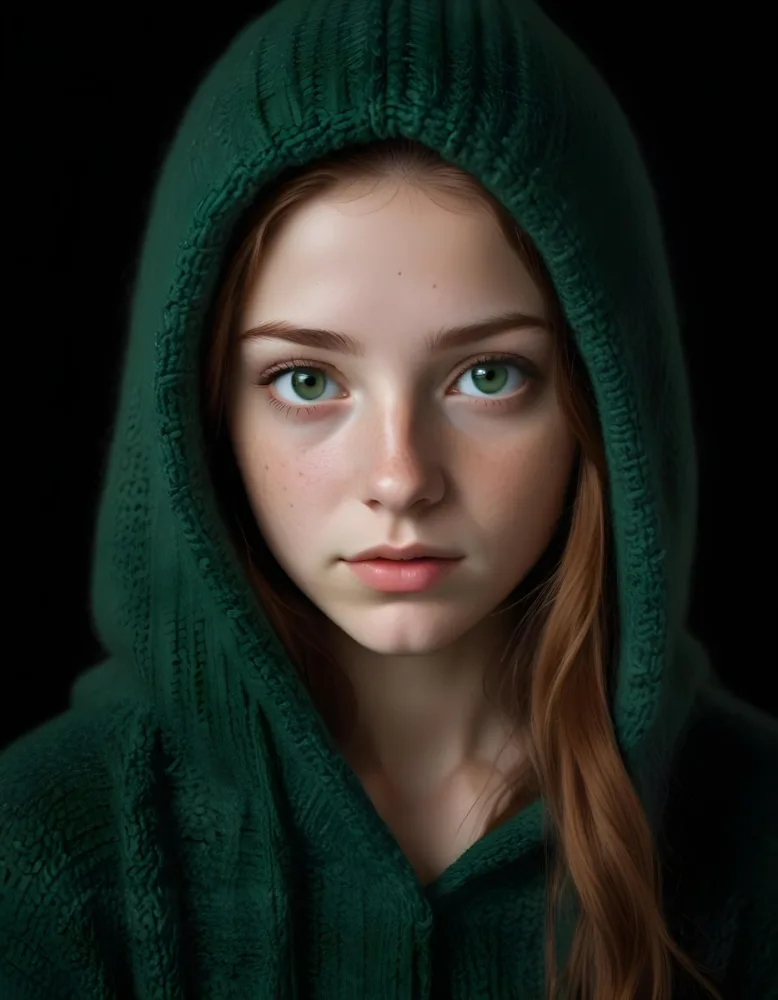 A Caucasian Girl 19 Years Old Green Eyes Freckles Wearing A Green Knitted Hood Dark Background 30 2782
