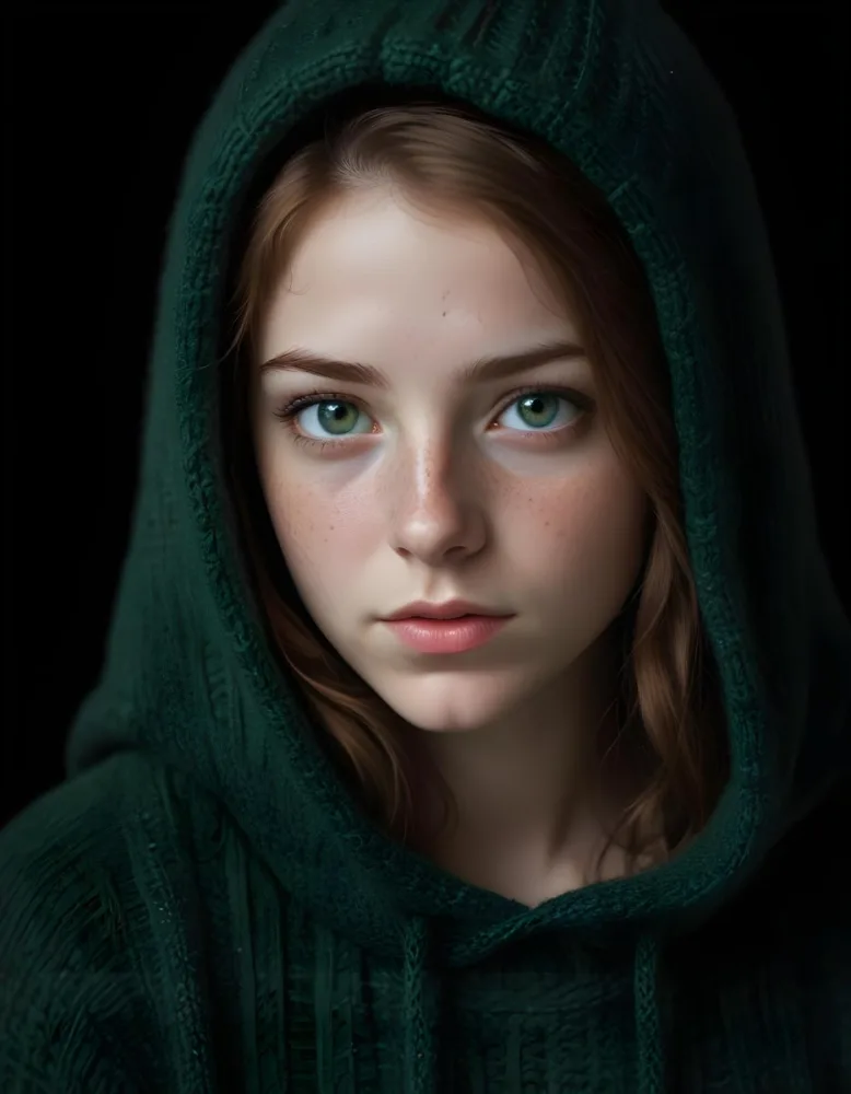 A Caucasian Girl 19 Years Old Green Eyes Freckles Wearing A Green Knitted Hood Dark Background 31 478b