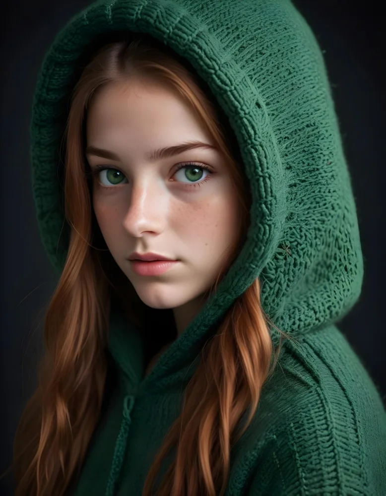 A Caucasian Girl 19 Years Old Green Eyes Freckles Wearing A Green Knitted Hood Dark Background 4 9bb8
