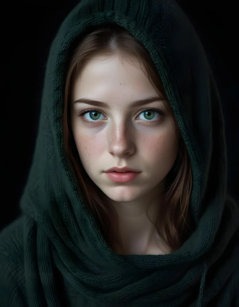 A Caucasian Girl 19 Years Old Green Eyes Freckles Wearing A Green Knitted Hood Dark Background 6 3553