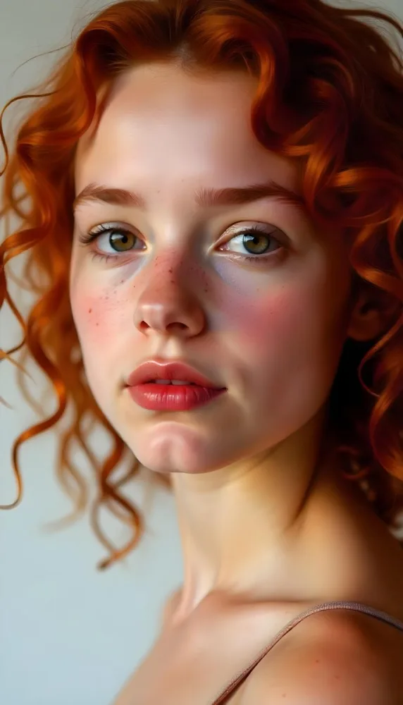 A Caucasian Girl 19 Years Old Light Skin Brown Eyes Freckles Red Curly Hair Red Lips Close Up Shot In A White Background 1 F613