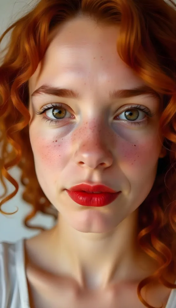 A Caucasian Girl 19 Years Old Light Skin Brown Eyes Freckles Red Curly Hair Red Lips Close Up Shot In A White Background 10 99eb