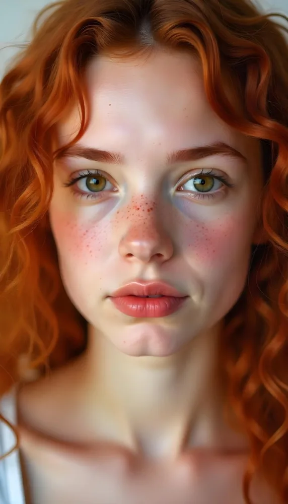 A Caucasian Girl 19 Years Old Light Skin Brown Eyes Freckles Red Curly Hair Red Lips Close Up Shot In A White Background 12 7fa5