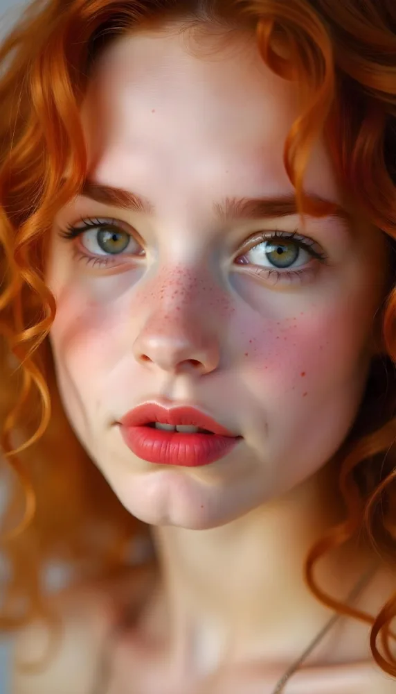 A Caucasian Girl 19 Years Old Light Skin Brown Eyes Freckles Red Curly Hair Red Lips Close Up Shot In A White Background 14 3f55