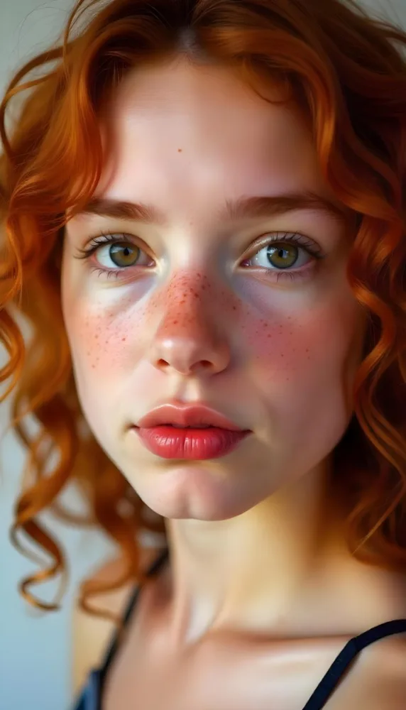 A Caucasian Girl 19 Years Old Light Skin Brown Eyes Freckles Red Curly Hair Red Lips Close Up Shot In A White Background 16 6038