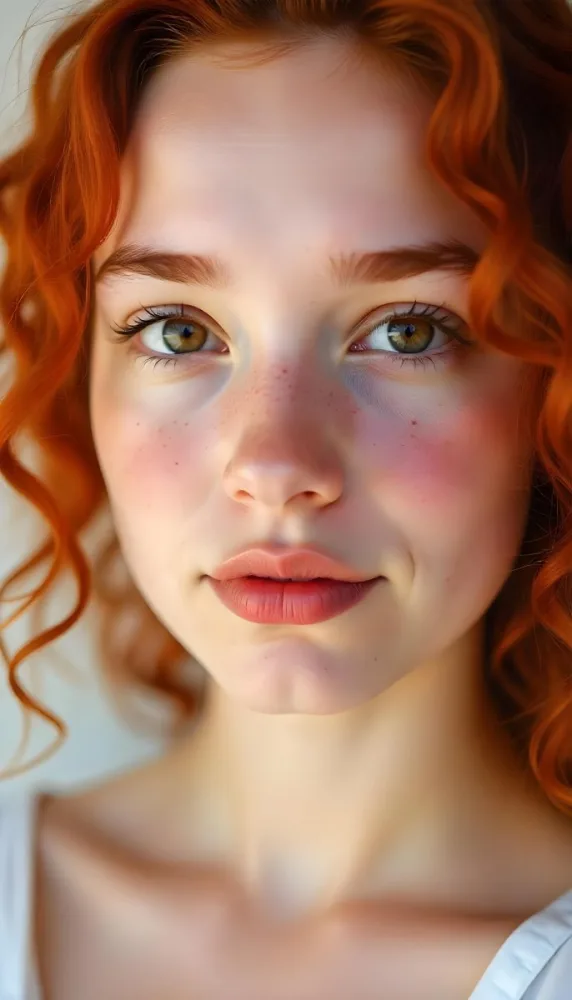 A Caucasian Girl 19 Years Old Light Skin Brown Eyes Freckles Red Curly Hair Red Lips Close Up Shot In A White Background 20 13ae