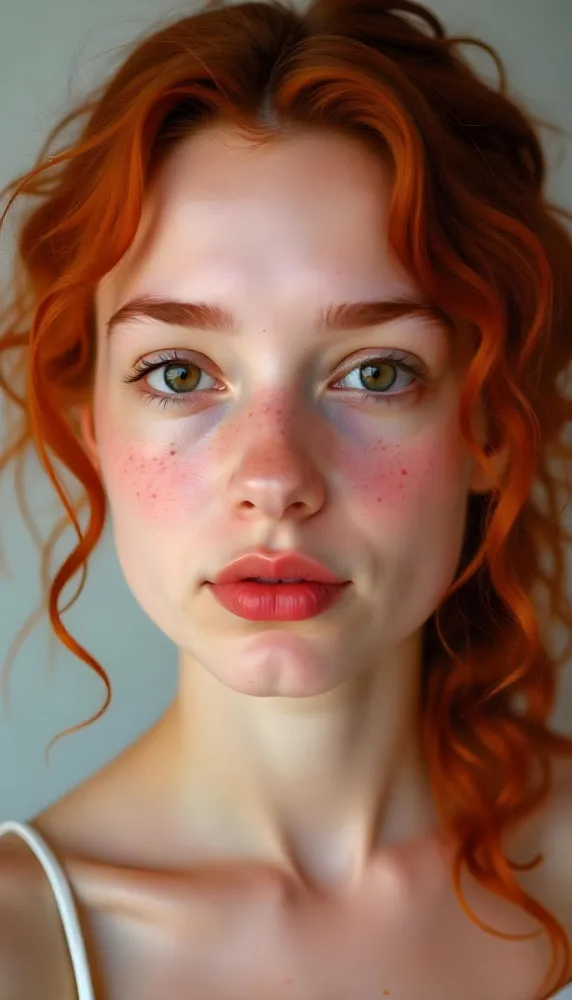 A Caucasian Girl 19 Years Old Light Skin Brown Eyes Freckles Red Curly Hair Red Lips Close Up Shot In A White Background 22 4858