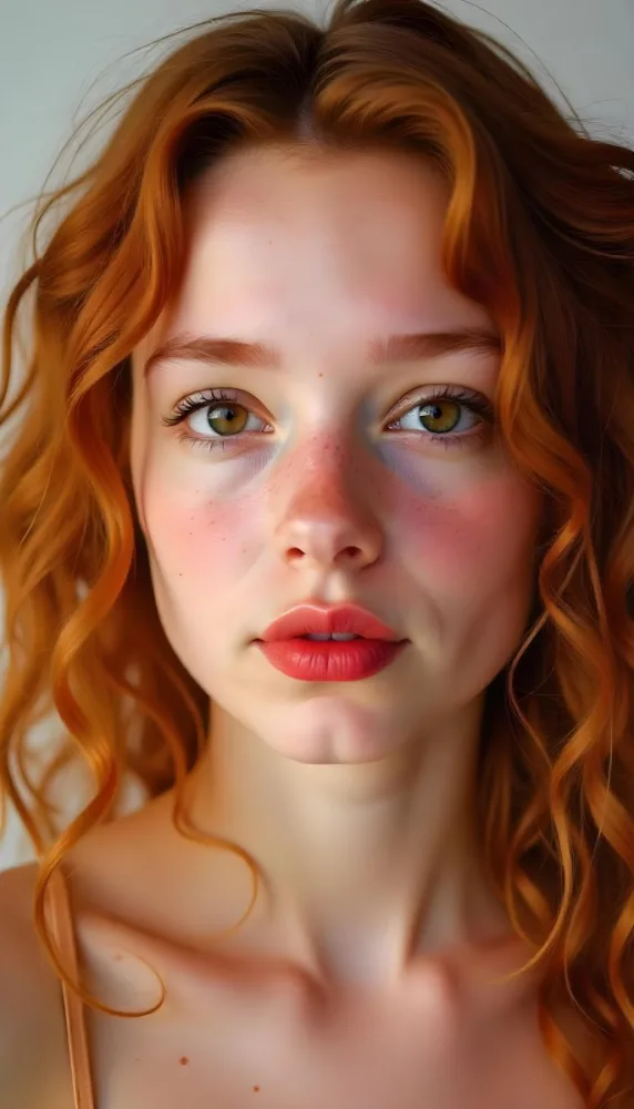 A Caucasian Girl 19 Years Old Light Skin Brown Eyes Freckles Red Curly Hair Red Lips Close Up Shot In A White Background 24 E44d