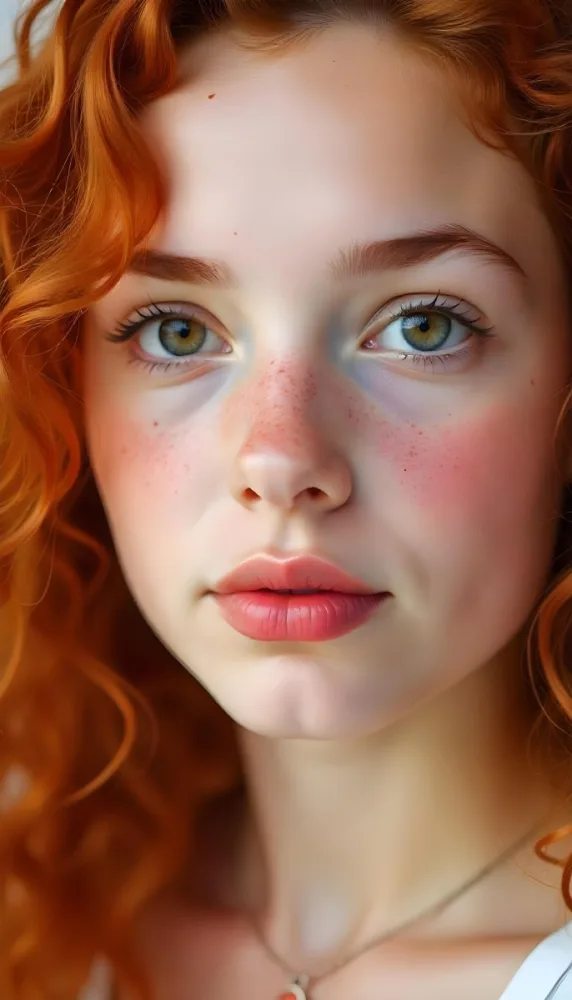 A Caucasian Girl 19 Years Old Light Skin Brown Eyes Freckles Red Curly Hair Red Lips Close Up Shot In A White Background 26 9e63