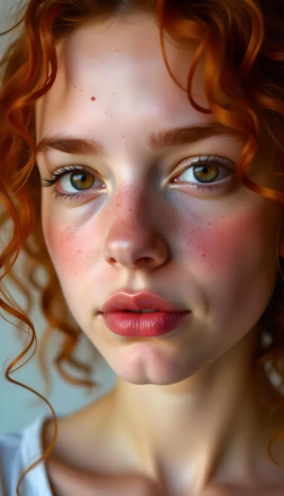A Caucasian Girl 19 Years Old Light Skin Brown Eyes Freckles Red Curly Hair Red Lips Close Up Shot In A White Background 8 Df84