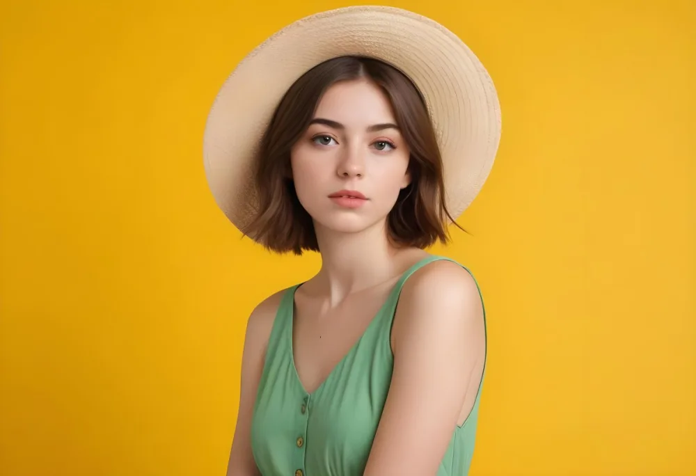 A Caucasian Girl 22 Years Old With Short Brown Hair And Fair Skin Wearing A Straw Hat And A Green Dress Thinking In A Yellow Background 2 0d24
