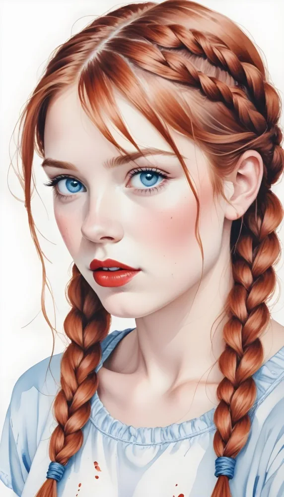 A Caucasian Girl Age 16 With Fair Skin Blue Eyes Red Lips And Red Hair In Braids Light Blue Shirt White Background 13 1760