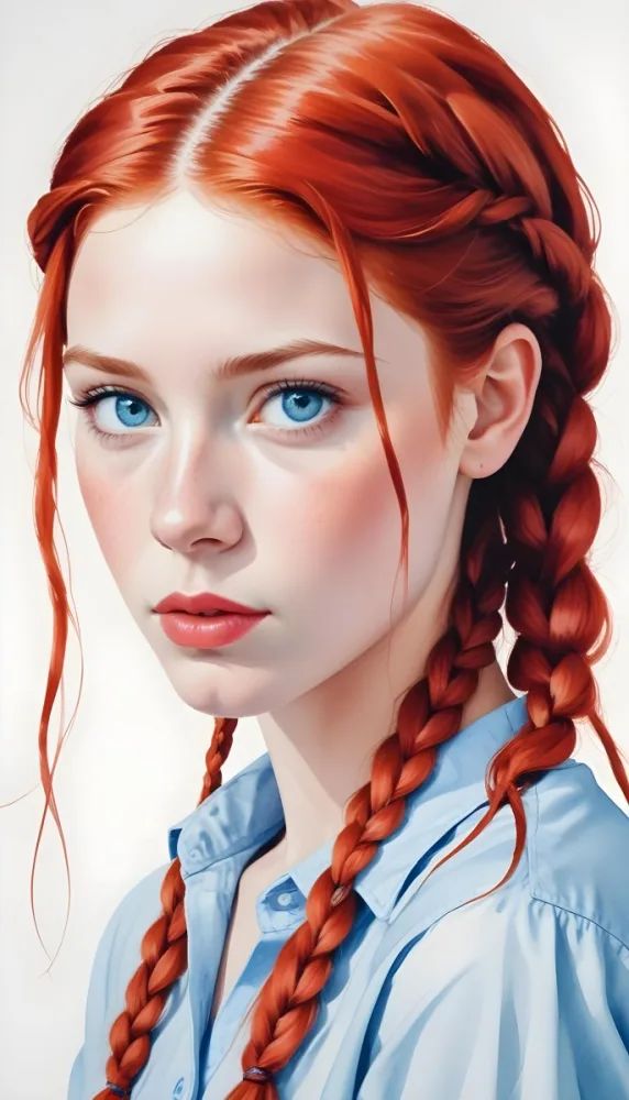 A Caucasian Girl Age 16 With Fair Skin Blue Eyes Red Lips And Red Hair In Braids Light Blue Shirt White Background 4 C8fa