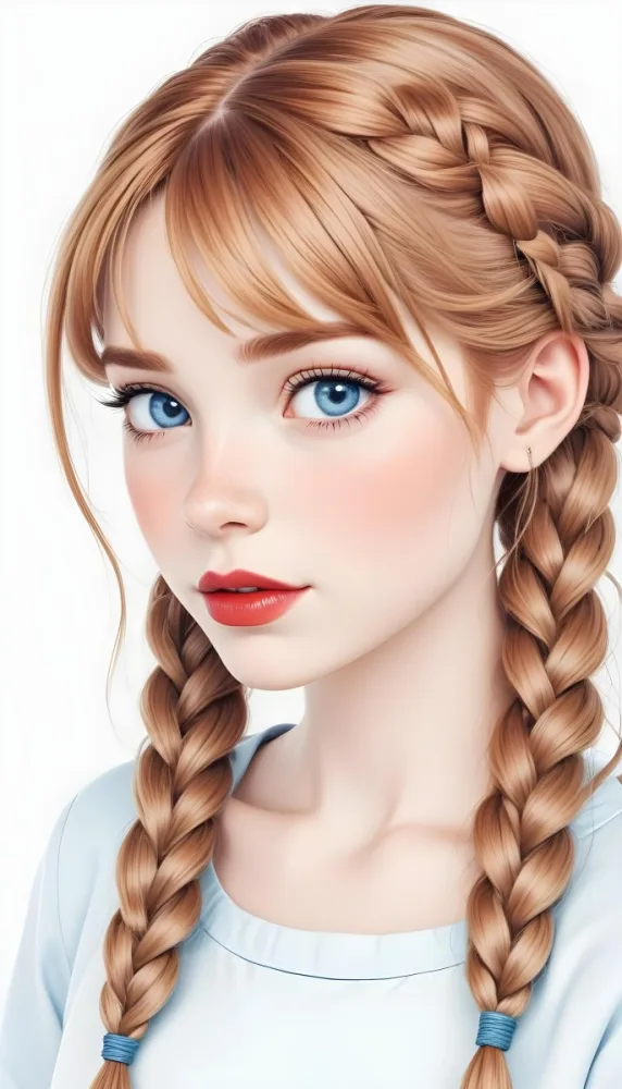 A Caucasian Girl Age 16 With Fair Skin Blue Eyes Red Lips And Red Hair In Braids Light Blue Shirt White Background 59 Bddf