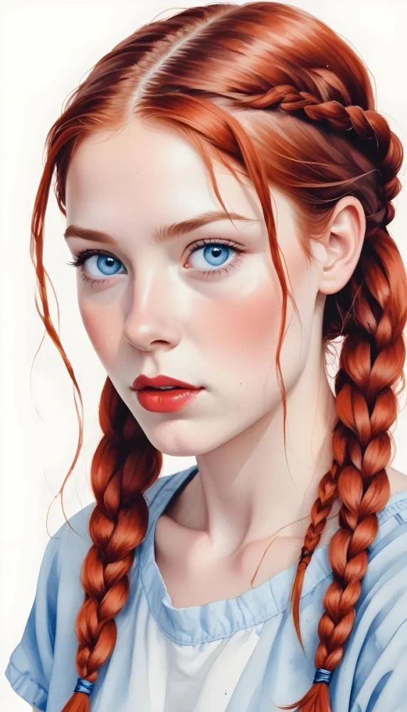 A Caucasian Girl Age 16 With Fair Skin Blue Eyes Red Lips And Red Hair In Braids Light Blue Shirt White Background 7 9769