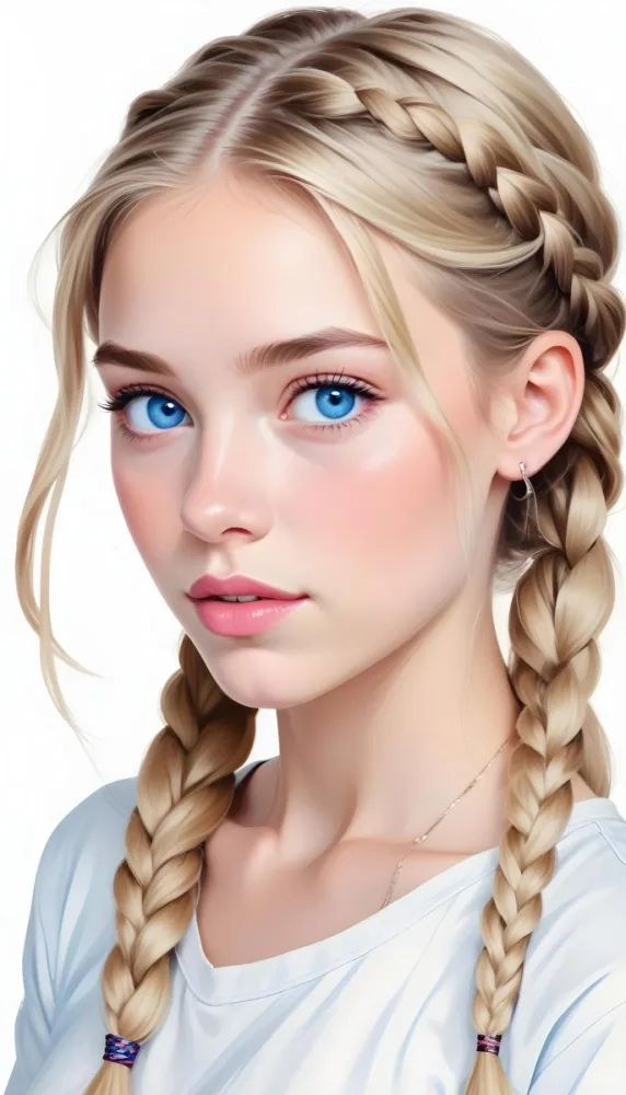 A Caucasian Girl Age 17 With Fair Skin Blue Eyes Braided Blonde Hair Wearing Earrings Light Pink Lipstick In A White Background 4 876a