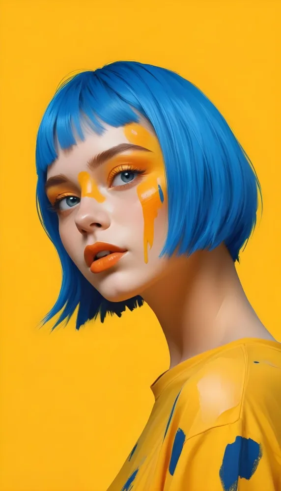 A Caucasian Girl Age 21 With Orange Hair And Yellow Paint On Her Face Blue Lips In A Orange Background 13 C9bf