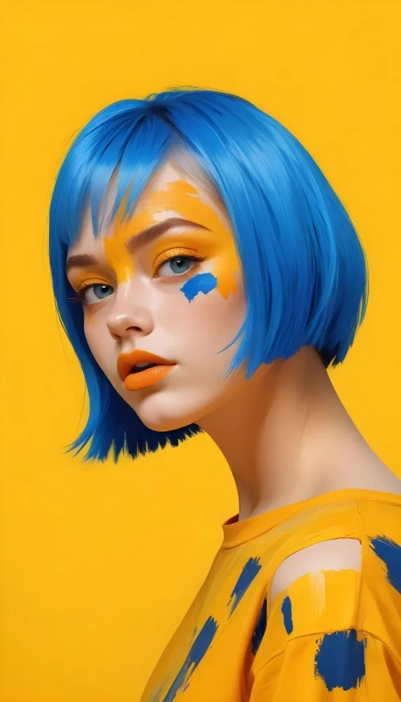 A Caucasian Girl Age 21 With Orange Hair And Yellow Paint On Her Face Blue Lips In A Orange Background 14 Aa24