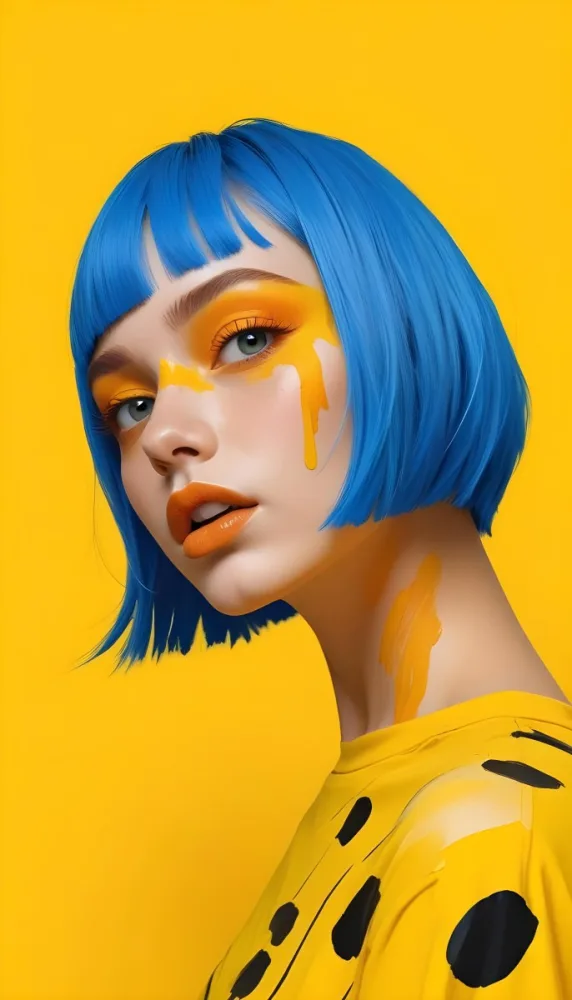 A Caucasian Girl Age 21 With Orange Hair And Yellow Paint On Her Face Blue Lips In A Orange Background 16 Db79